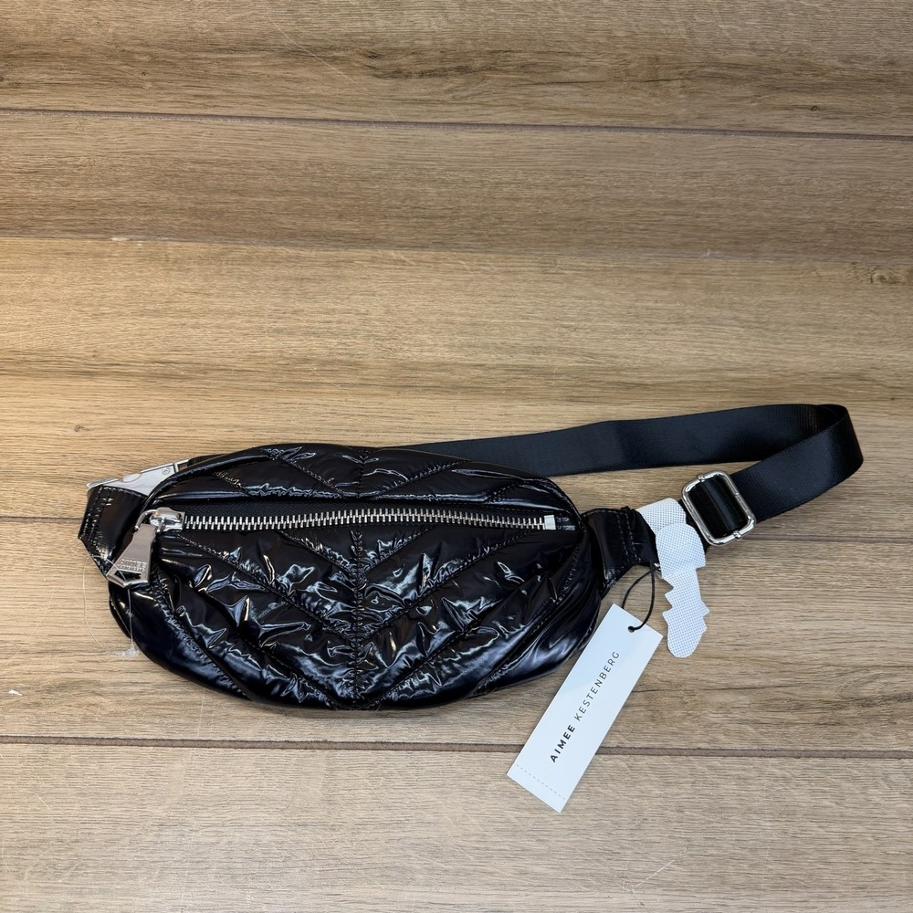Aimee Kestenberg Black Ski Puffer bum Bag Fanny Pack Zip Buckle Silver Nylon New